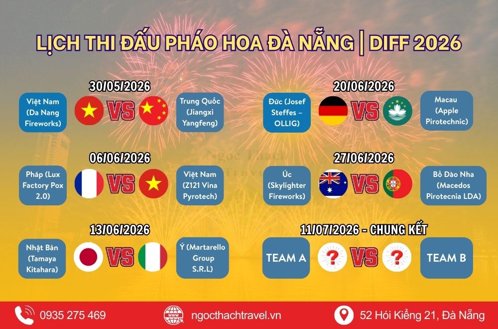 Đặt vé pháo hoa Đà Nẵng DIFF 2026 nhanh chóng và chính hãng. Thưởng thức lễ hội pháo hoa quốc tế rực rỡ bên sông Hàn với nhiều hạng khán đài như A VIP, A, A1, A2, A3, A4. Lễ hội DIFF diễn ra vào các tối thứ 7 từ cuối tháng 5 đến tháng 7 với sự tham gia của nhiều đội pháo hoa quốc tế.